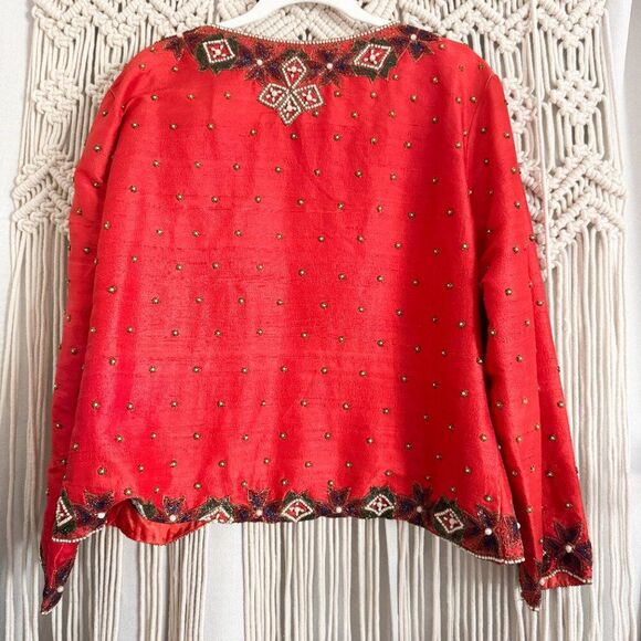 Vintage Red Beaded Silk Jacket LifeNstyle – Fits M/L – Holiday Party Statement - Picture 4 of 4